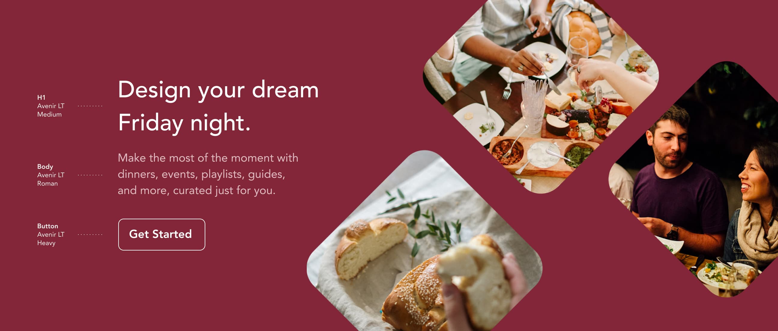 OneTable brand style guide showing typography, buttons, and imagery of people happily eating around a table