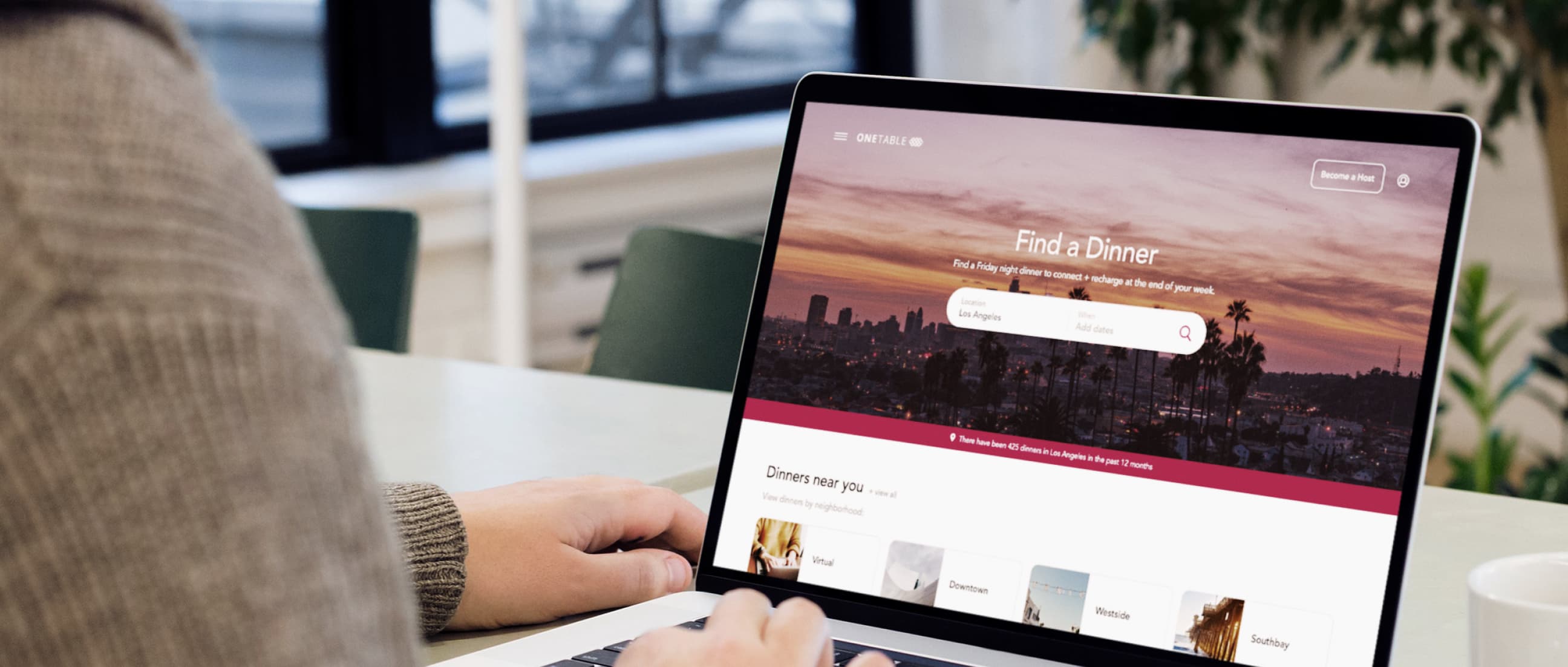 OneTable platform homepage showing an event search field and upcoming events