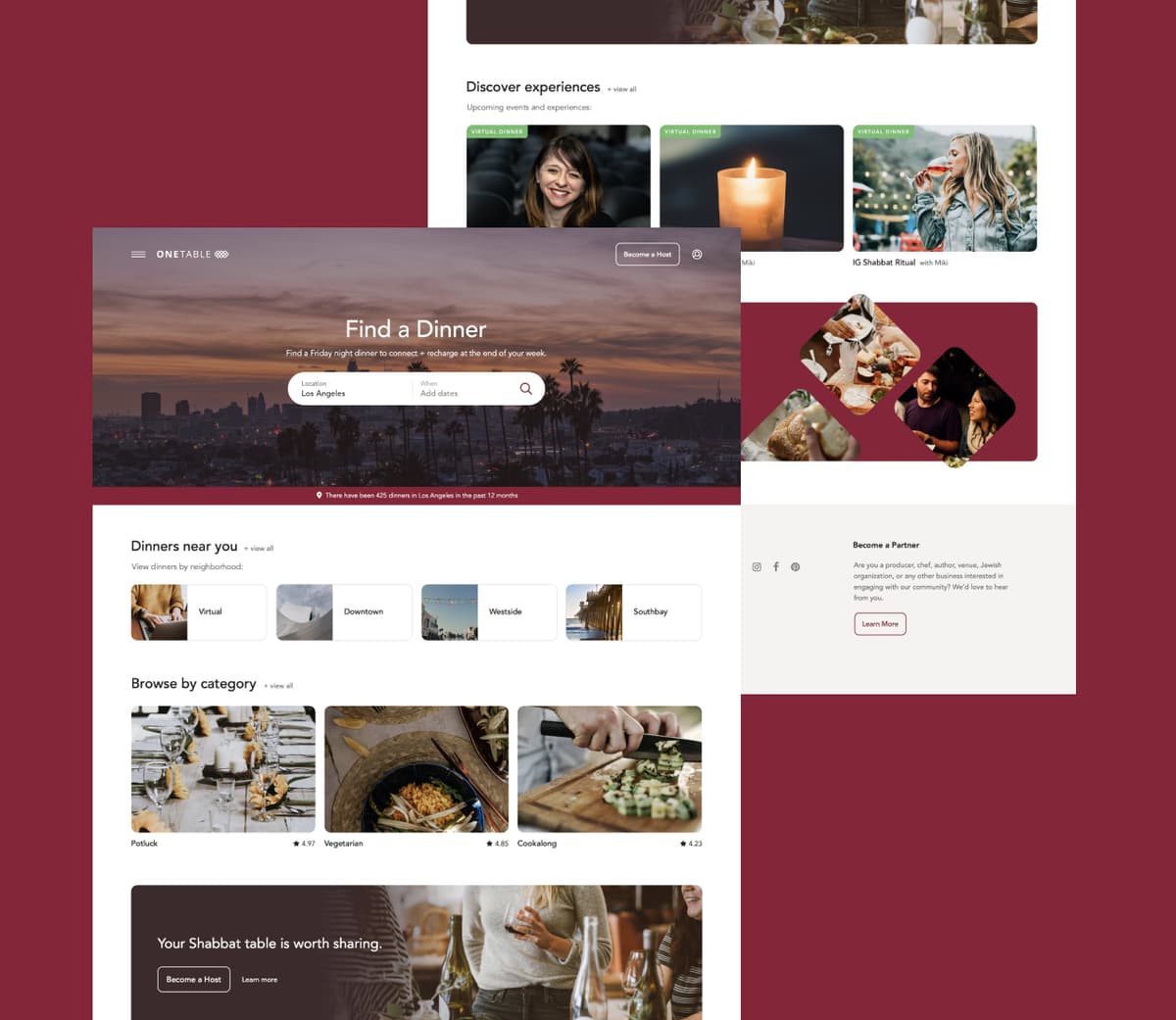 OneTable UX design showing platform landing page with event search and upcoming events