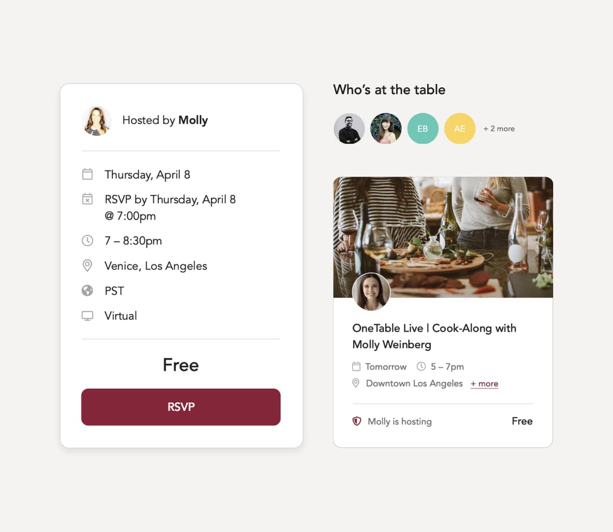 OneTable UX design showing event details UI elements including time, location, guest list and RSVP button