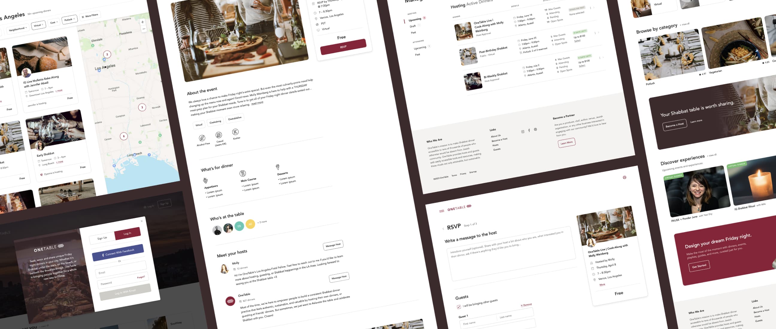 OneTable UX design showing varius platform screens including event search, details, RSVP and guest management