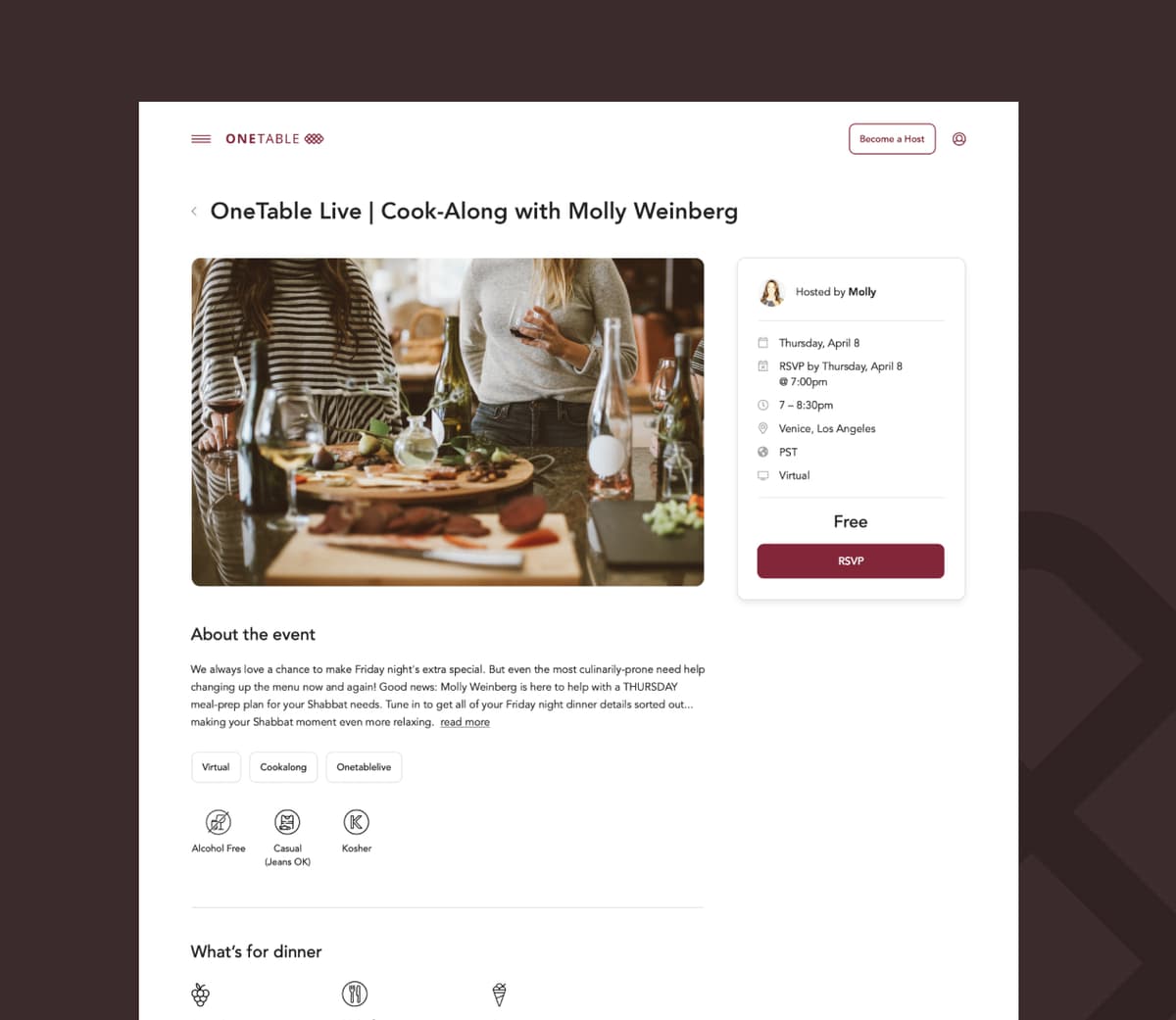 OneTable UX design showing platform event details screen