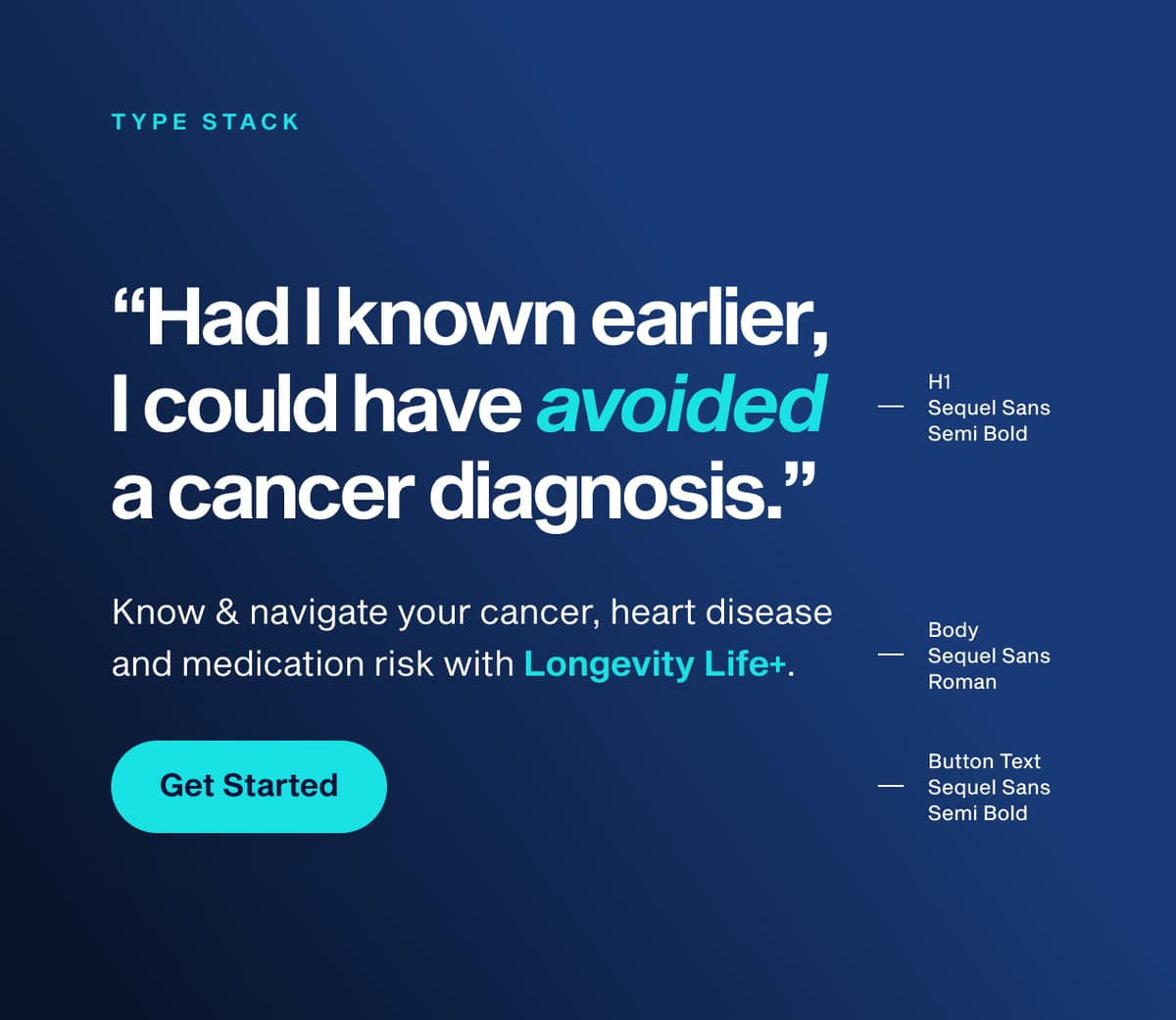 Longevity Life+ brand style guide showing typography and buttons