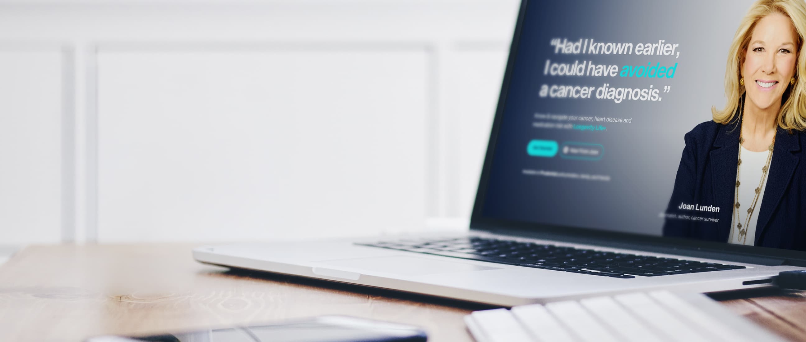 Longevity Life+ campaign landing page design showing the homepage on a laptop computer