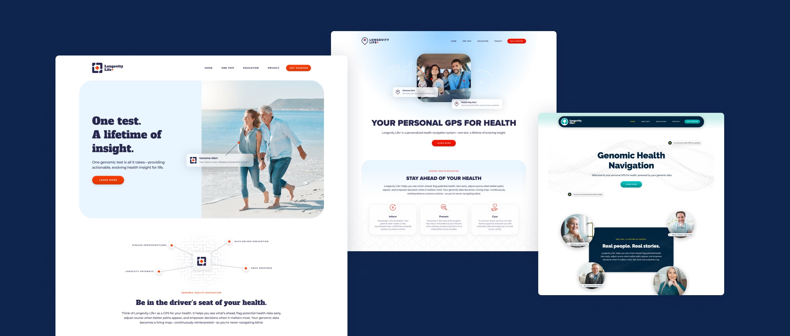Longevity Life+ homepage design showing three alternative homepage concepts
