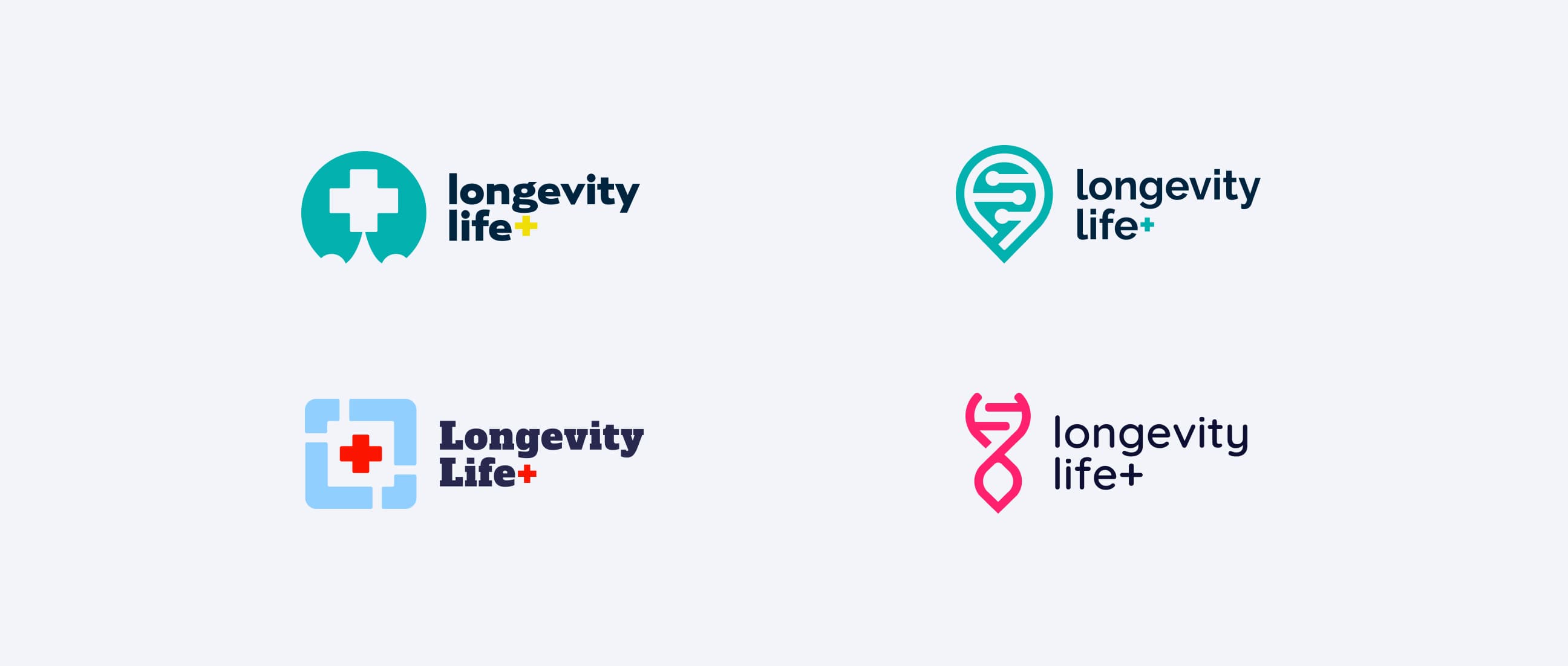 Longevity Life+ logo and identity exploration showing four alternative logo concepts