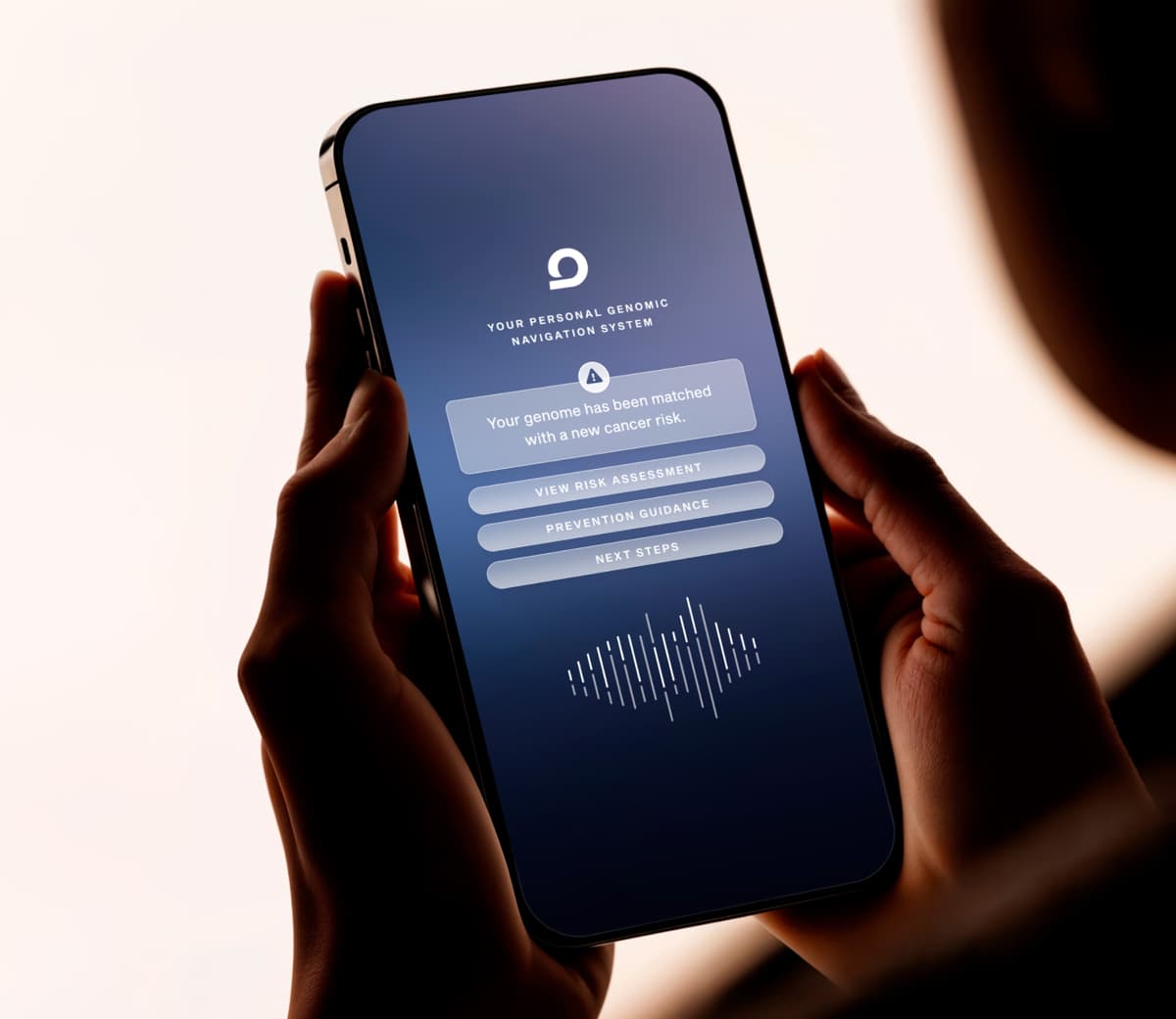 Longevity Life+ mobile app design showing a genome alert bubble on a mobile device