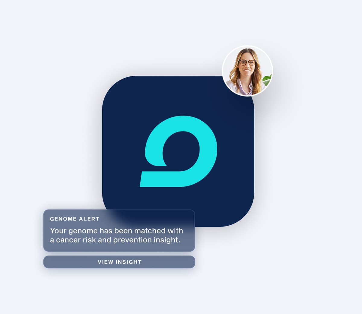Longevity Life+ UX design showing a genome alert bubble and a health professional