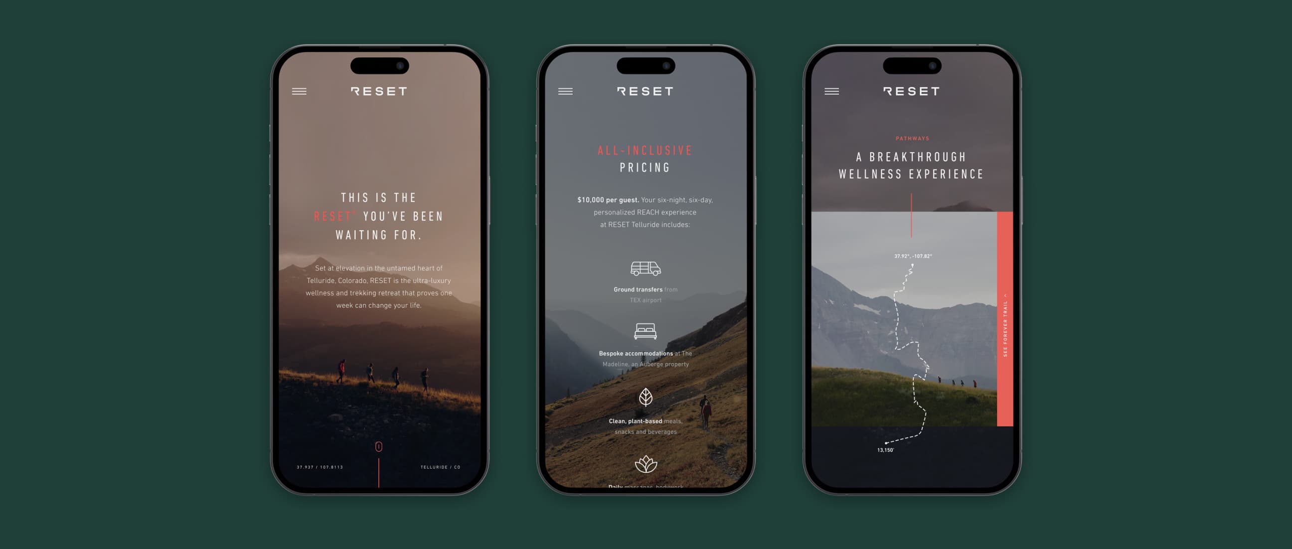 RESET mobile responsive design showing the website homepage on a mobile device