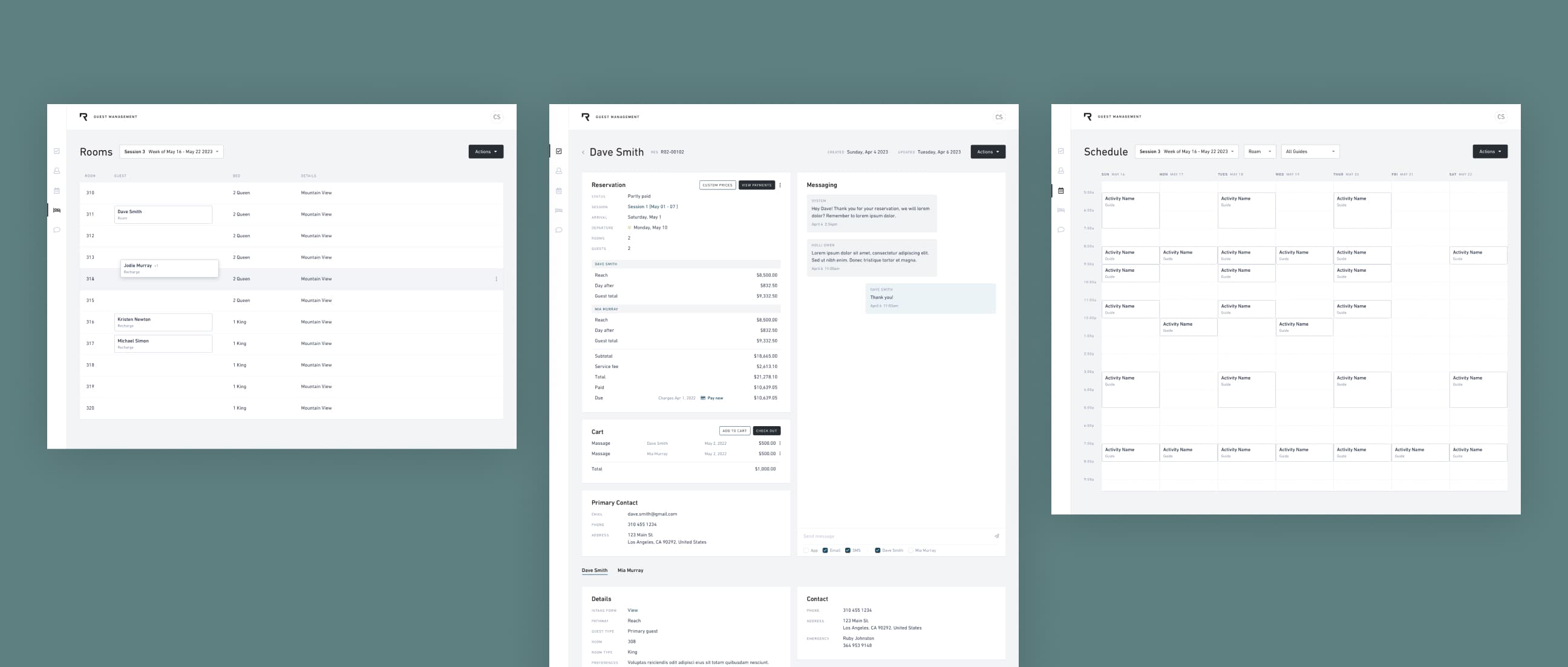 RESET property management system design and development showing various desktop screens of the reservations dashboard