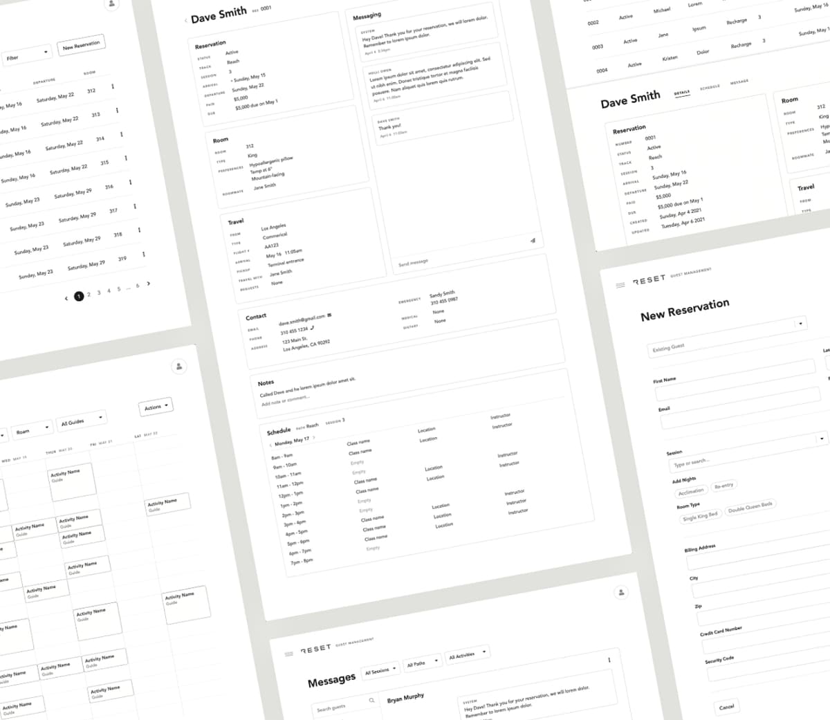 RESET wireframe design showing various wireframes of the reservations dashboard